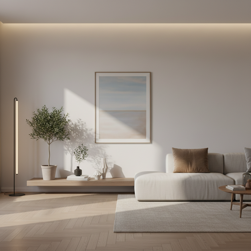 Pürüzsüz boyanmış modern bir salon duvarı; Bianca Vals ipek mat dokusunun ışık altındaki kusursuz görünümü.