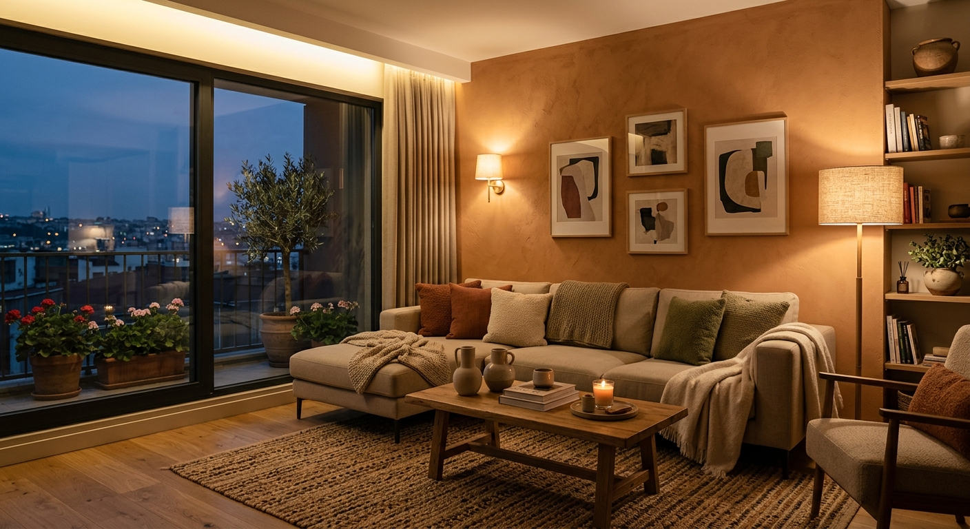 Toprak tonlarında salon örneği; aksan duvar, dokulu halı ve katmanlı aydınlatma ile sıcak atmosfer gösterimi